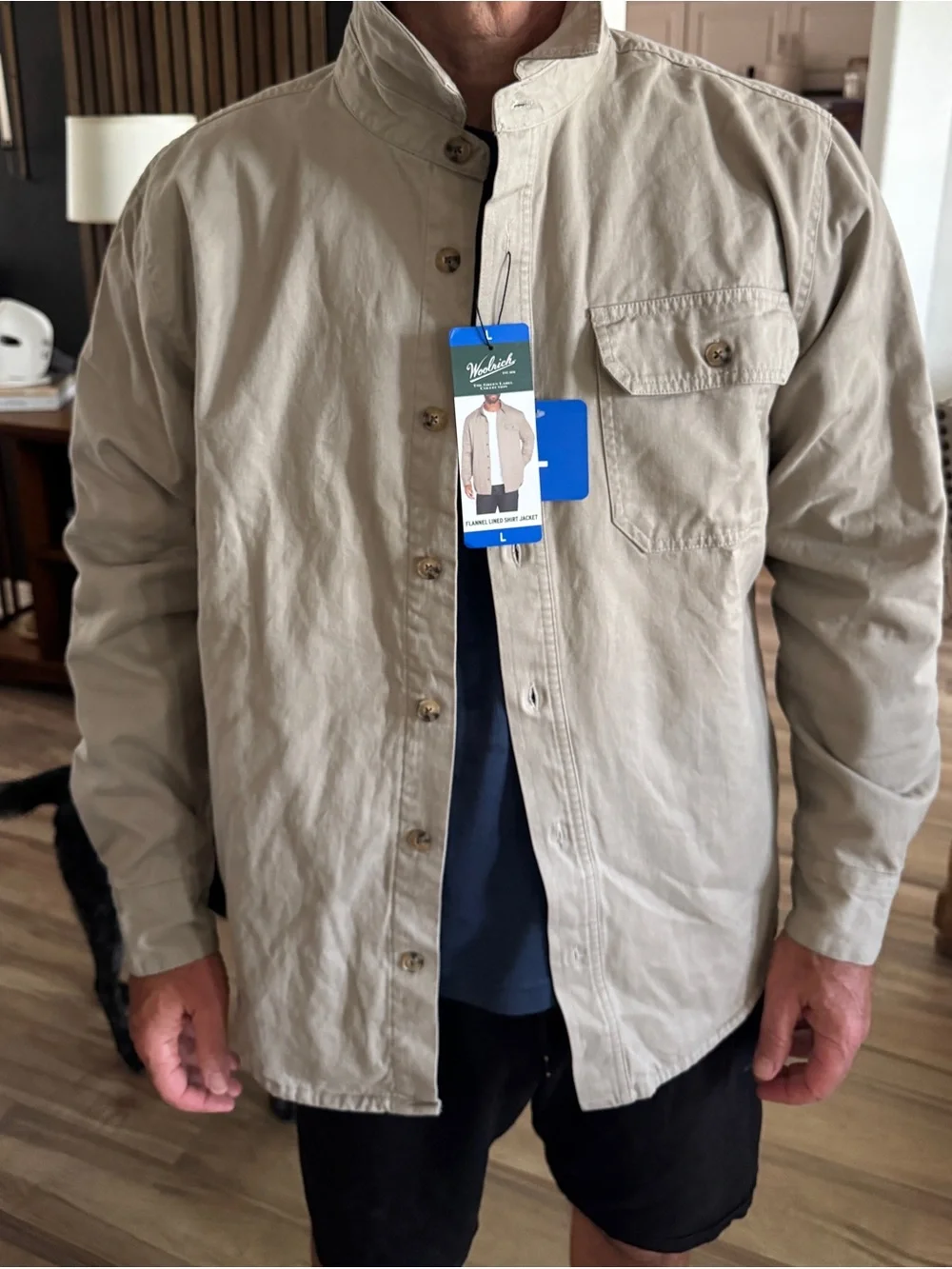 Woolrich Men's Tan Button-Front Shirt Jacket with Plaid Lining